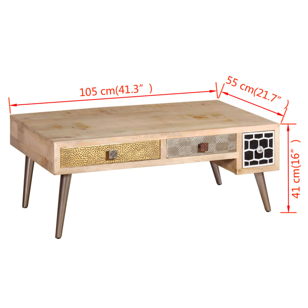 Soffbord massiv mangoträ med lådor 105x55x41 cm