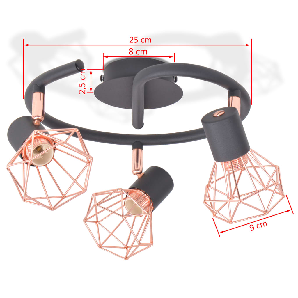 Taklampa med 3 spotlights E14 svart och koppar