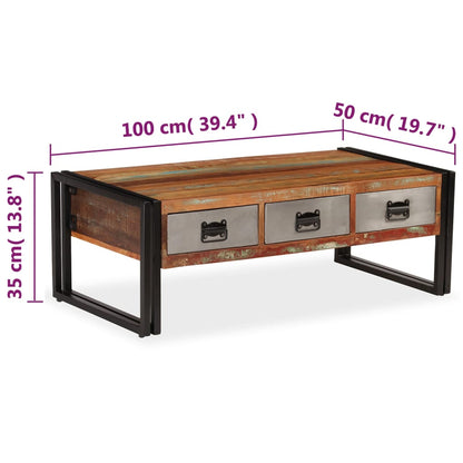 Soffbord massiv återvunnet trä med 3 lådor 100x50x35 cm