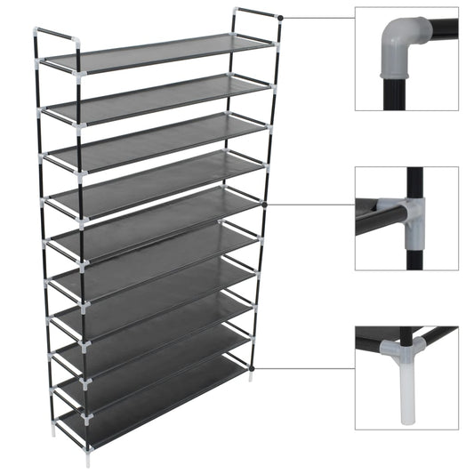 Skoställ Skoskåp svart Skohylla med 10 hyllor metall och non-woven tyg