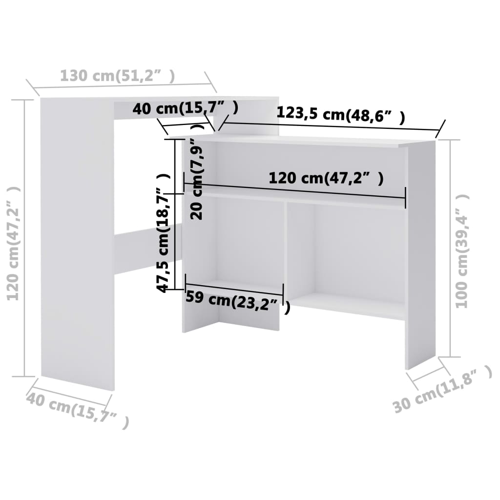 Barbord vit med 2 bordsskivor 130x40x120 cm