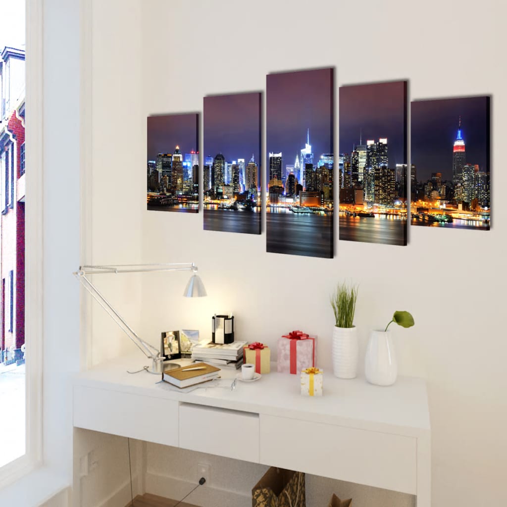 Seinäkoristelu Kangasmaalauksia setti 5 kpl New York Skyline 100 x 50 cm