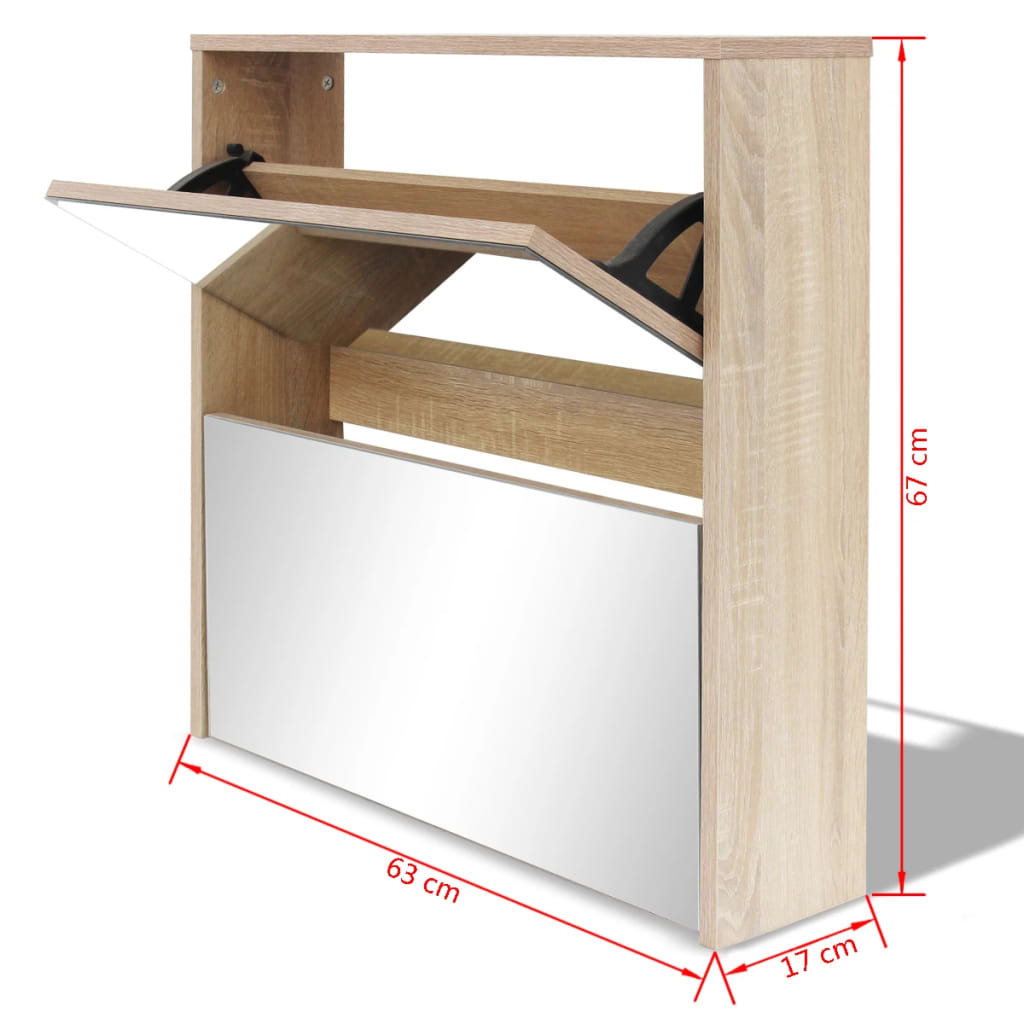 Kenkäteline Kenkäkaappi tammi peilillä 2 laatikkoa 63x17x67 cm