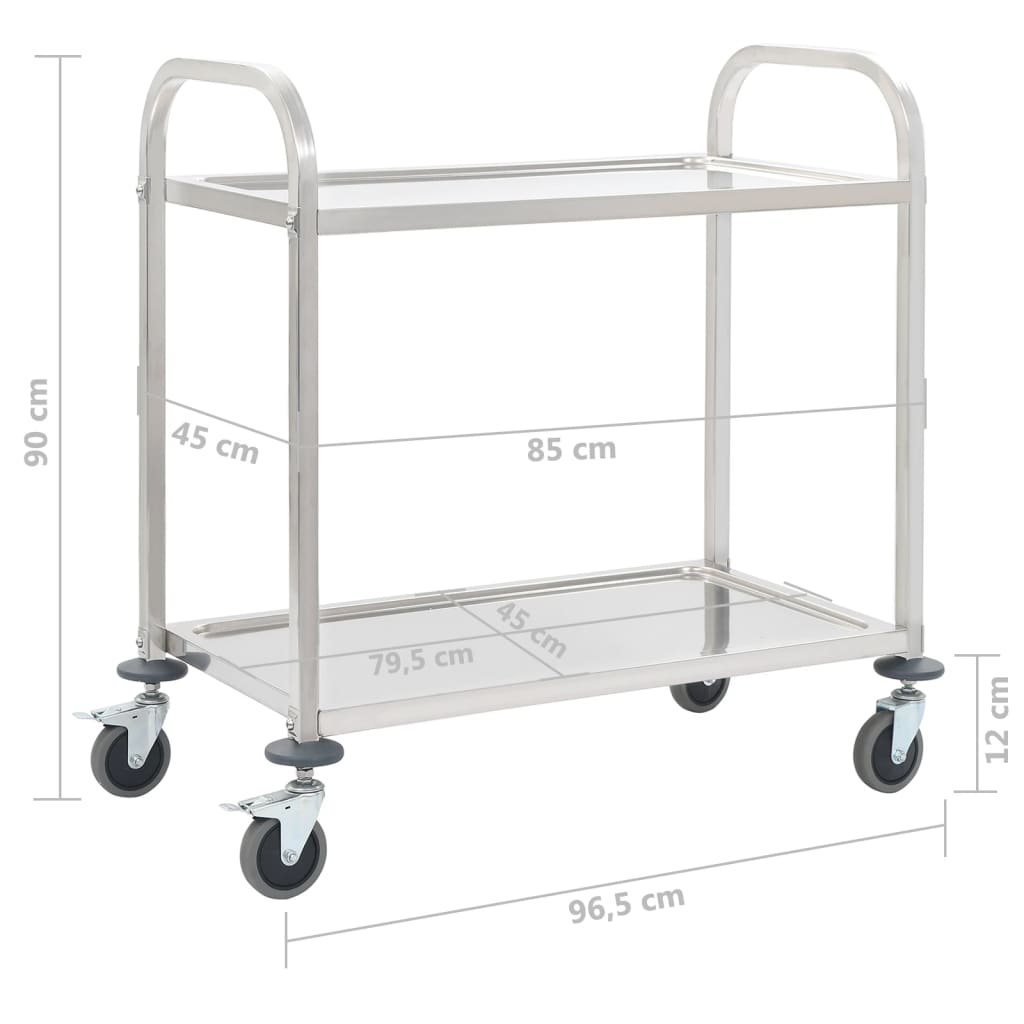 Keittiövaunu Tarjoiluvaunu 2 kerrosta 96,5x55x90 cm ruostumaton teräs