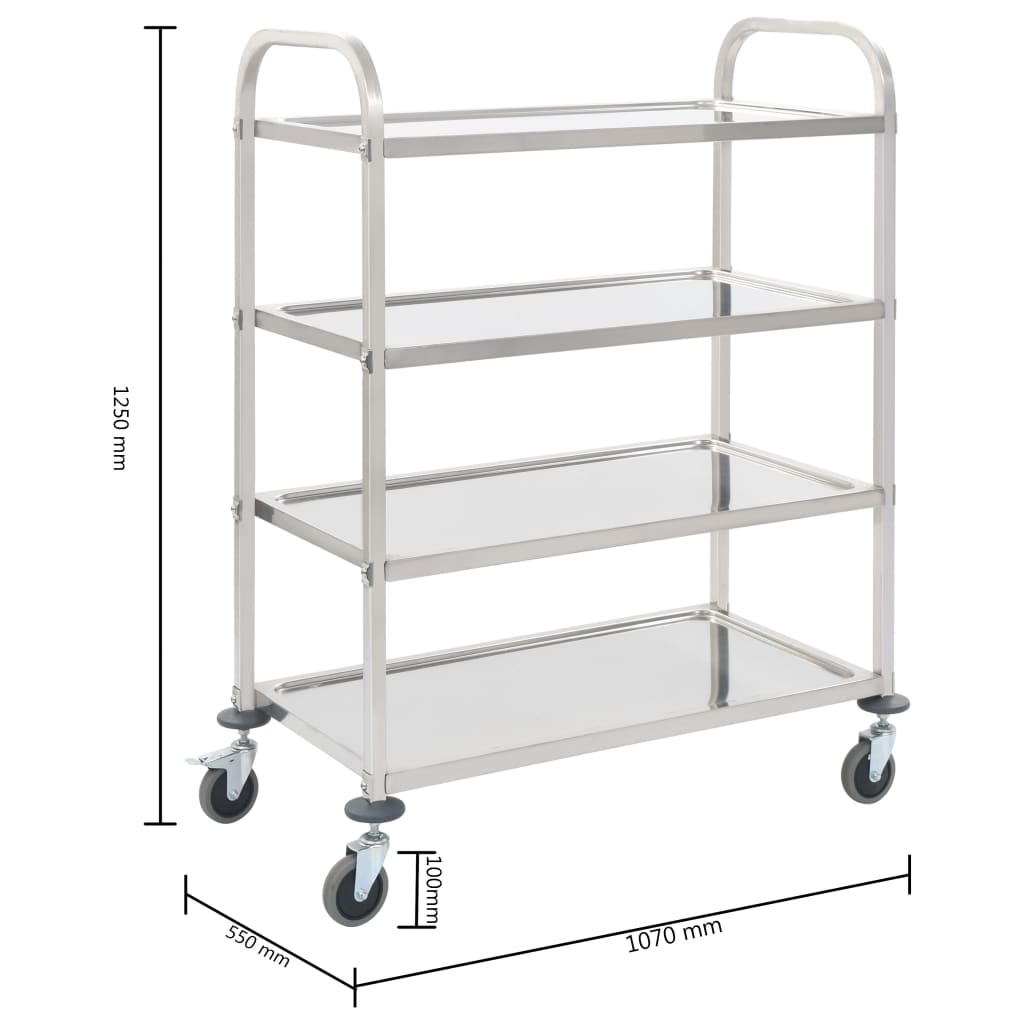 Keittiövaunu Tarjoiluvaunu 4 kerrosta 107x55x125 cm ruostumaton teräs