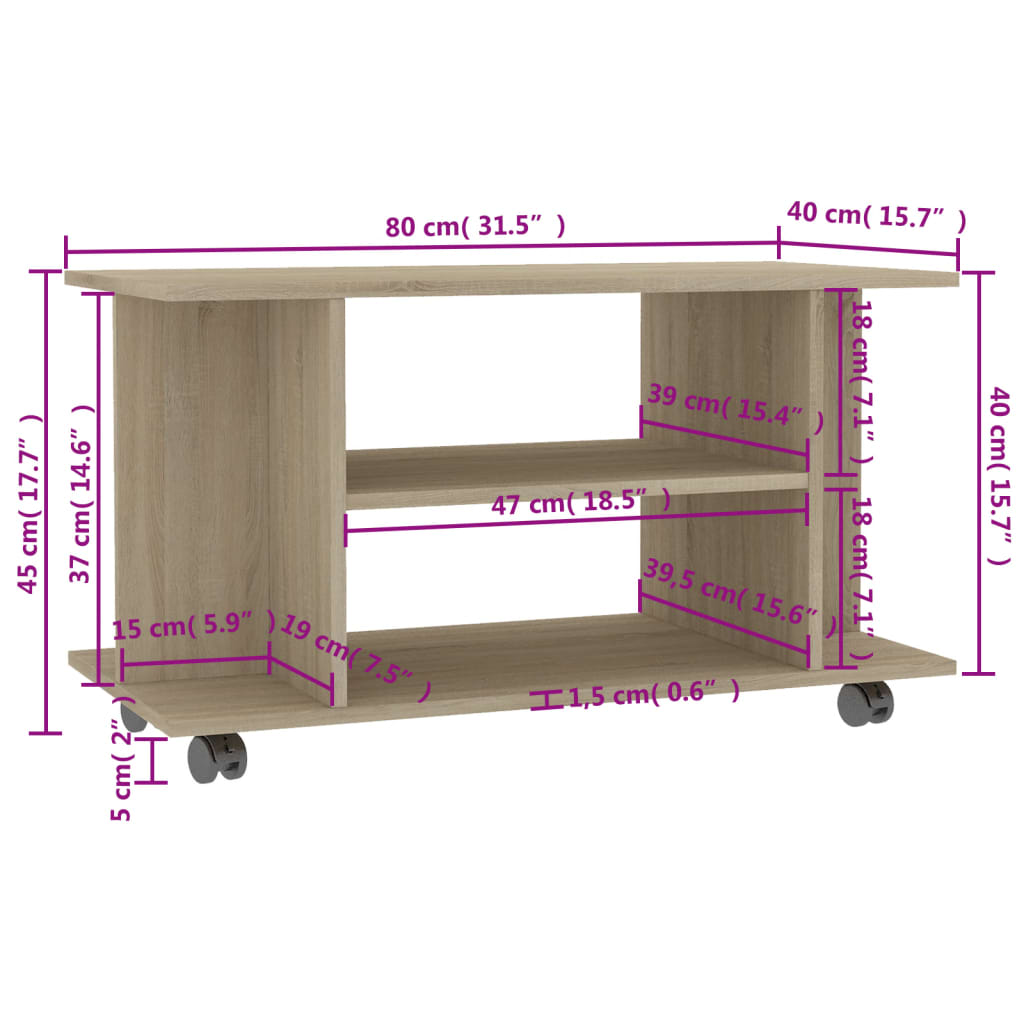 TV-möbel sonoma ek TV-bänk med hjul 80x40x45 cm