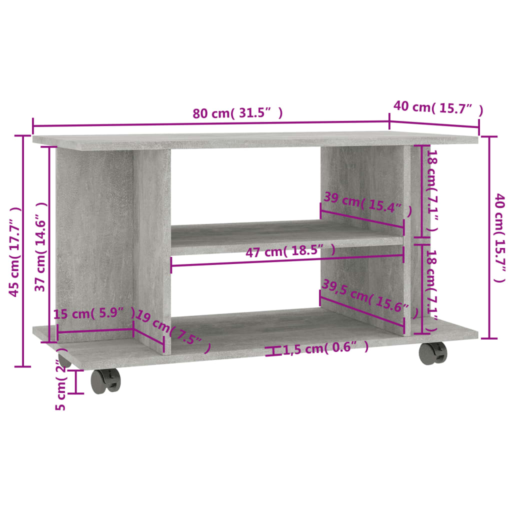 TV-möbel betonggrå TV-bänk med hjul 80x40x45 cm