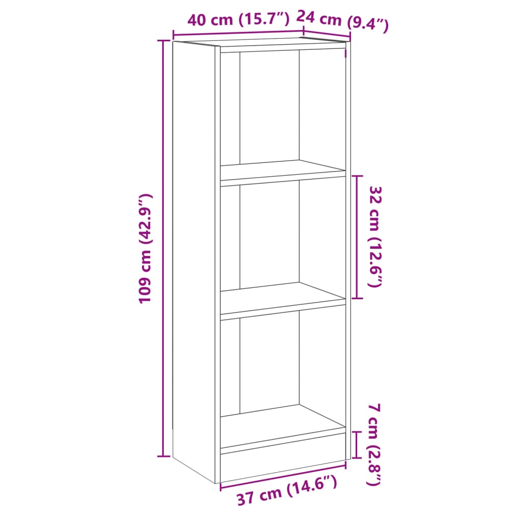 Bokhylla vit 3 hyllor 40x24x109 cm