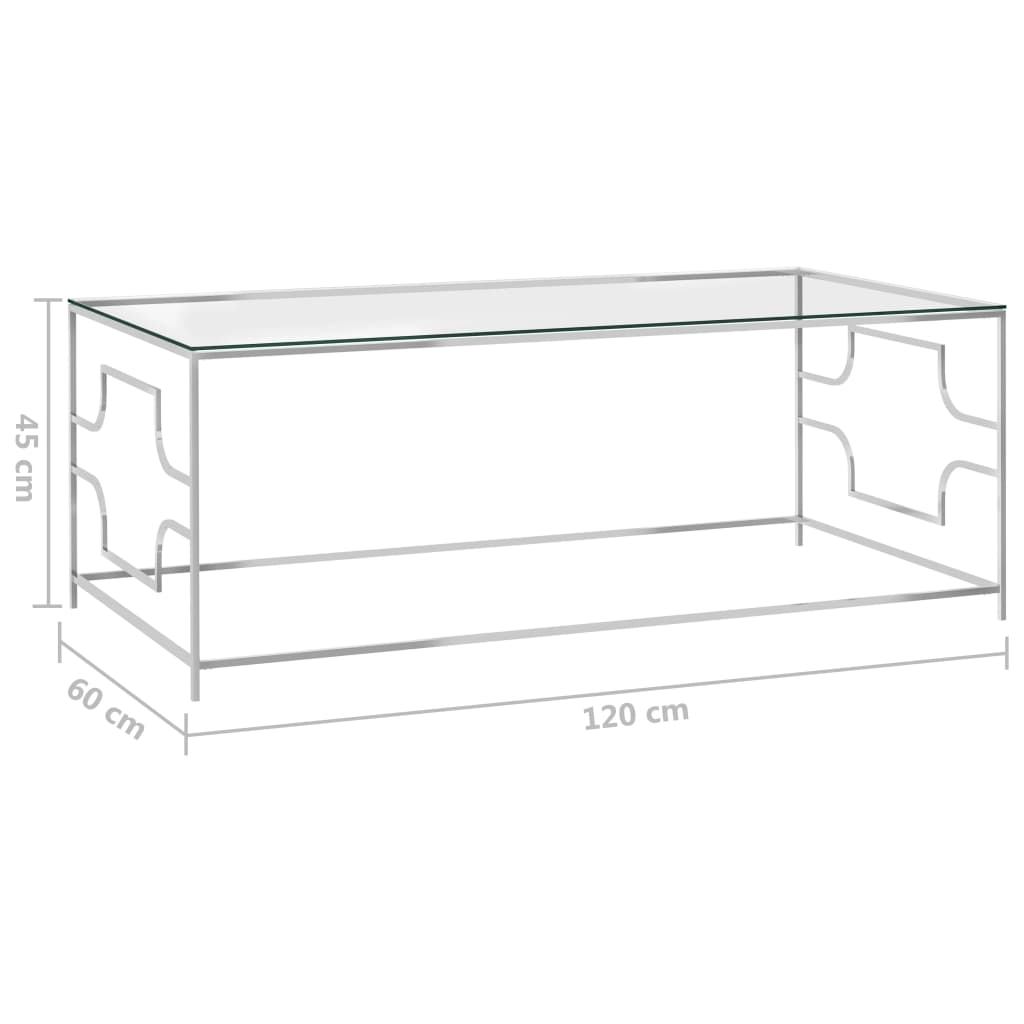 Sohvapöytä ruostumaton teräs hopea 120x60x45 cm lasi