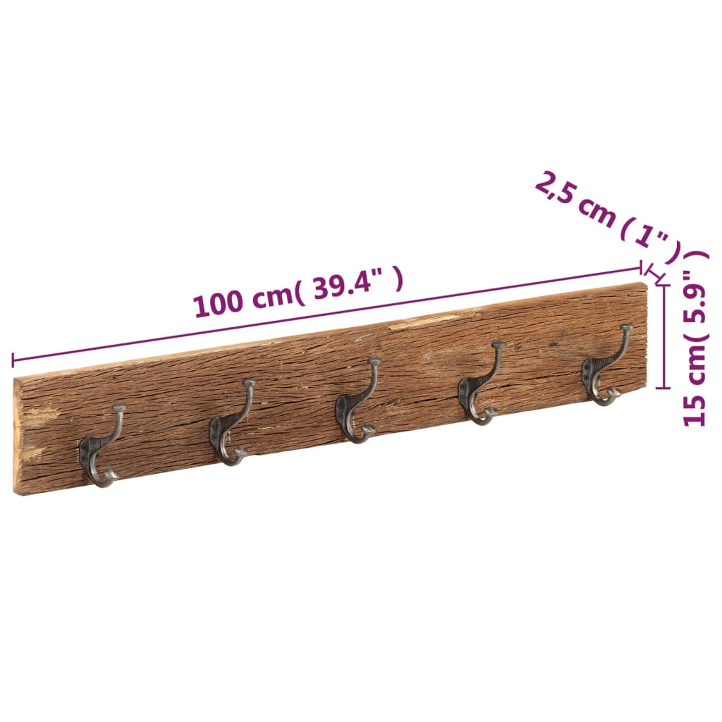 Vaateripustin Koukkutanko 5 koukulla 100x2,5x15 cm massiivi kierrätyspuuta