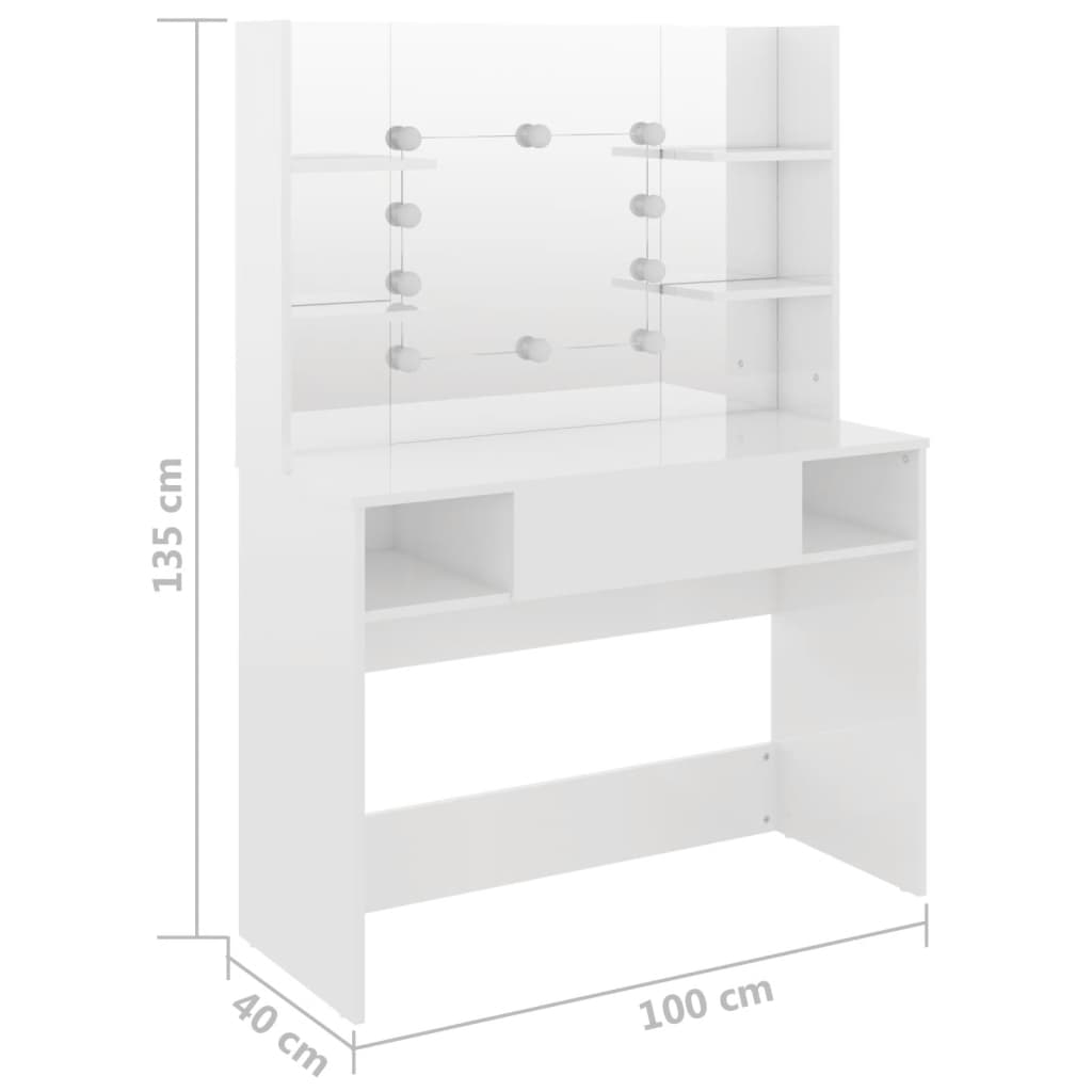 Sminkbord med LED-belysning 100x40x135 cm MDF vit