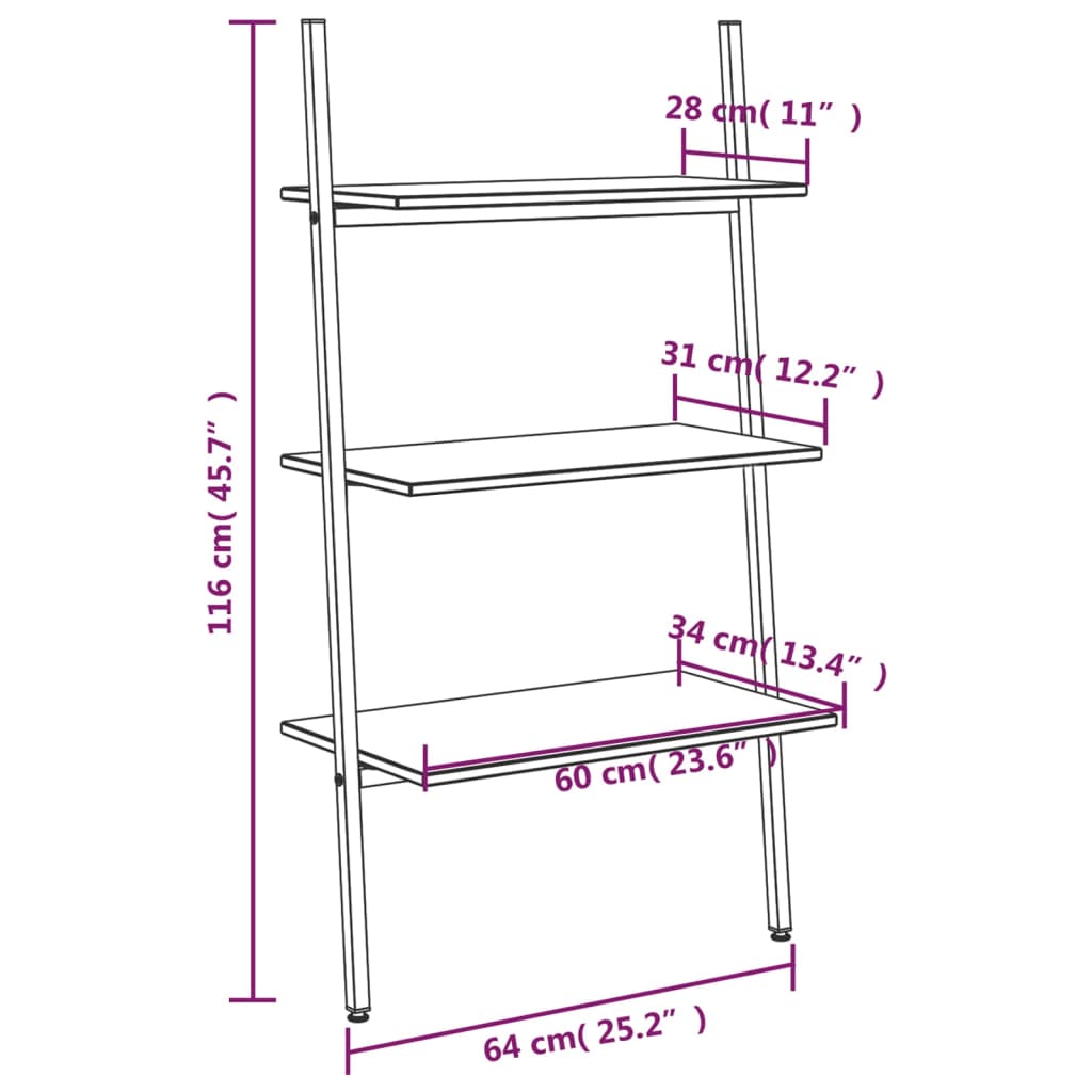 Kirjahylly tummanruskea musta 3 hyllyä 64x34x116 cm