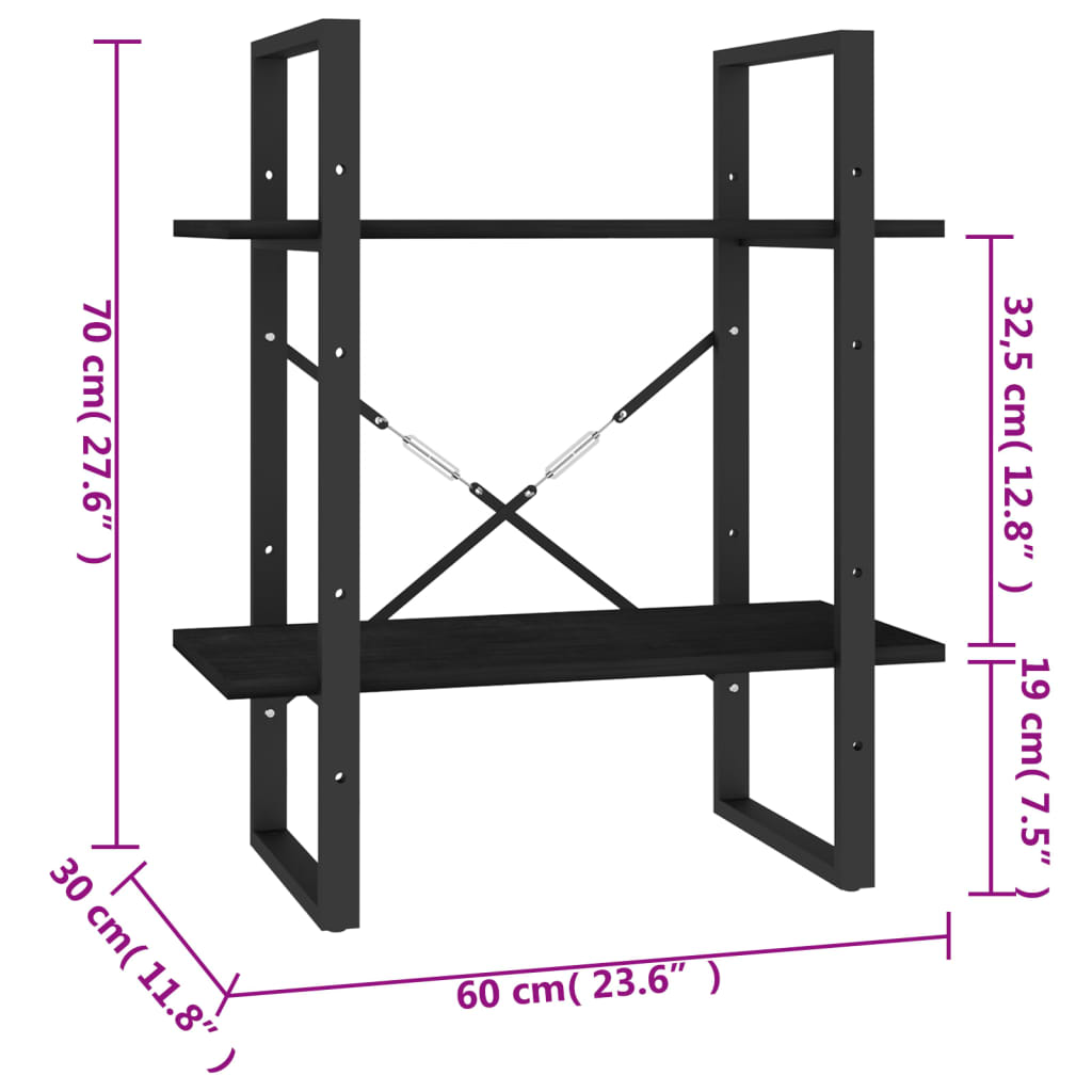 Kirjahylly musta 2 hyllyä 60x30x70 cm massiivimäntyä