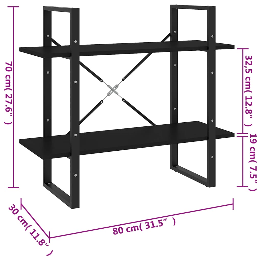 Kirjahylly musta 2 hyllyä 80x30x70 cm