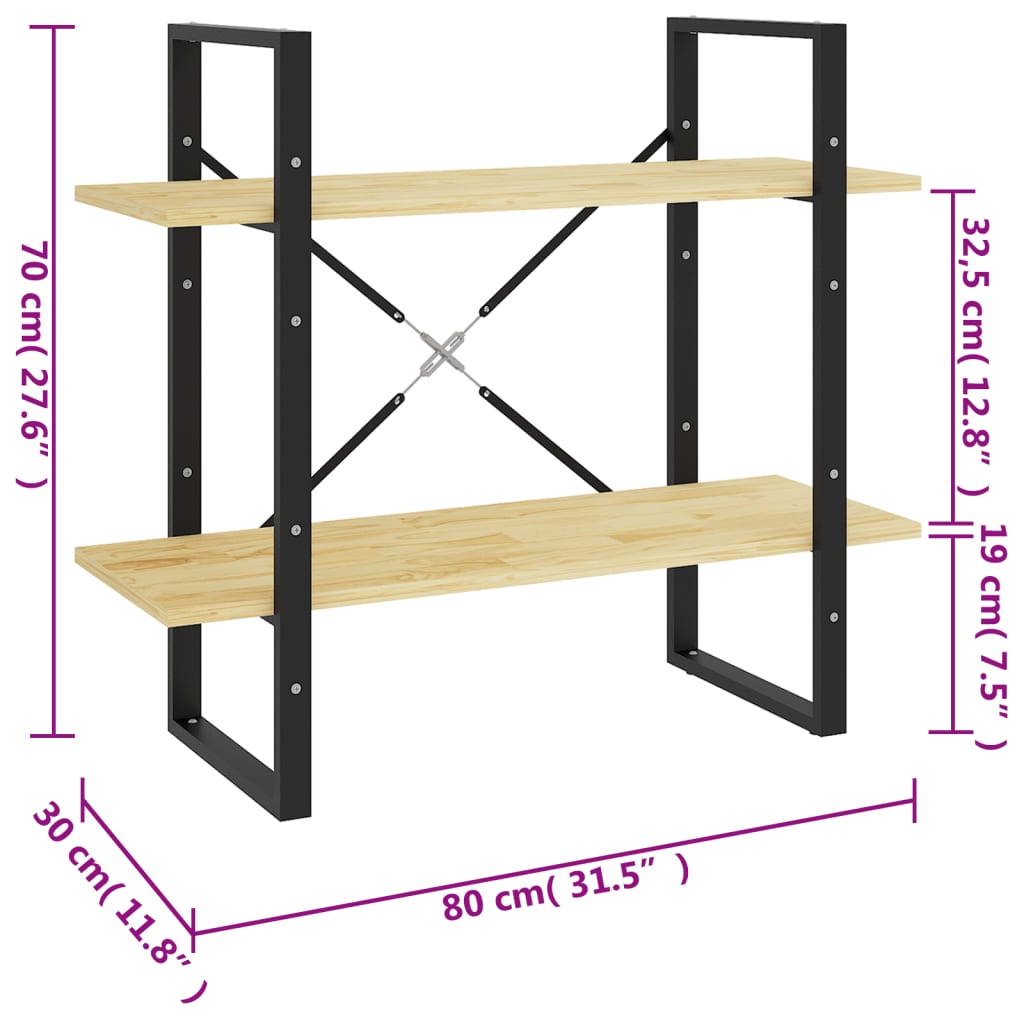 Kirjahylly luonnon massiivimäntyä 2 hyllyä 80x30x70 cm