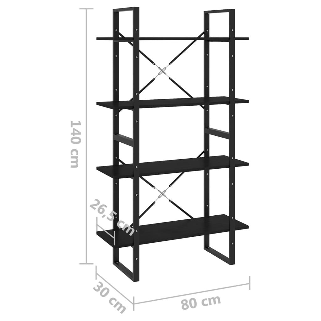 Kirjahylly musta 4 hyllyä 80x30x140 cm massiivimäntyä