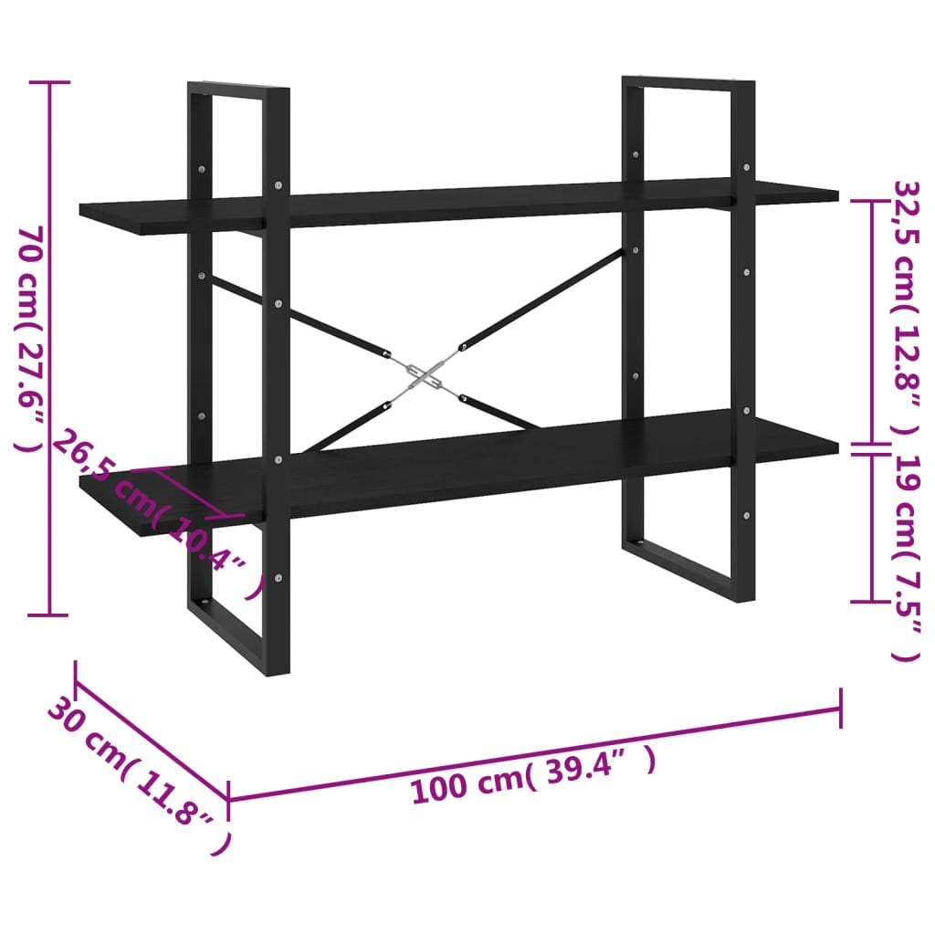 Kirjahylly musta 2 hyllyä 100x30x70 cm massiivimäntyä