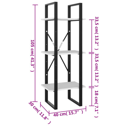 Bokhylla vit 3 hyllor 40x30x105 cm