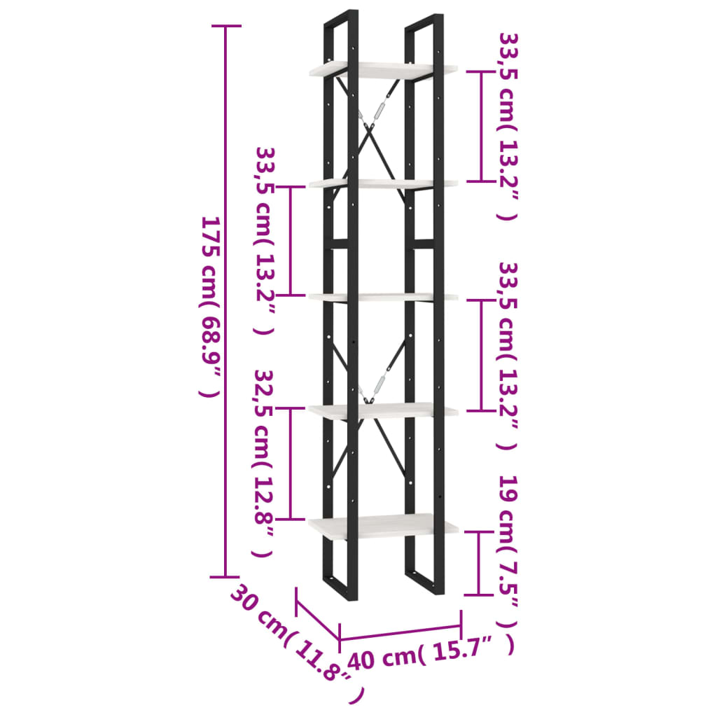 Bokhylla vit 5 hyllplan 40x30x175 cm furu