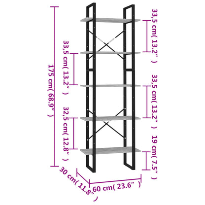 Bokhylla betonggrå med 5 hyllplan 60x30x175 cm