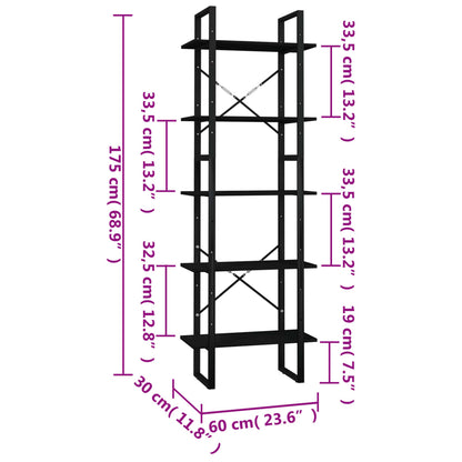 Musta kirjahylly, jossa 5 hyllyä 60x30x175 cm mäntyä