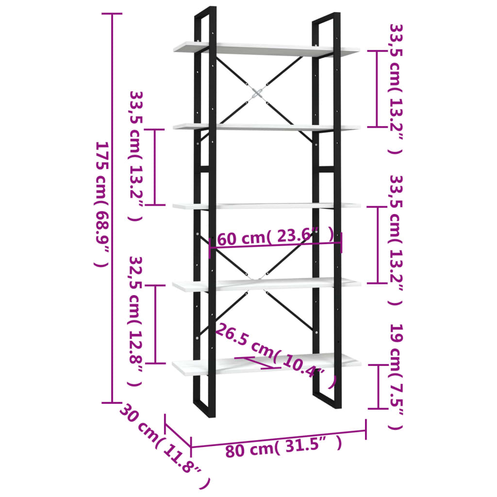 Bokhylla vit 5 hyllor 80x30x175 cm furu