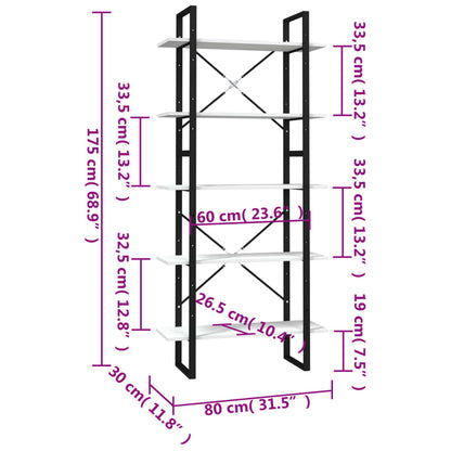 Bokhylla vit 5 hyllor 80x30x175 cm furu