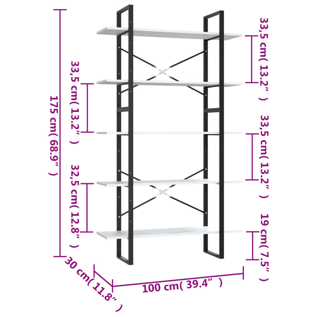 Bokhylla vit 5 hyllplan 100x30x175 cm