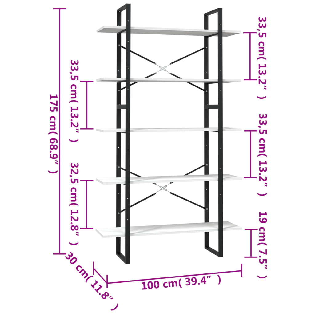 Bokhylla vit 5 hyllplan 100x30x175 cm furu