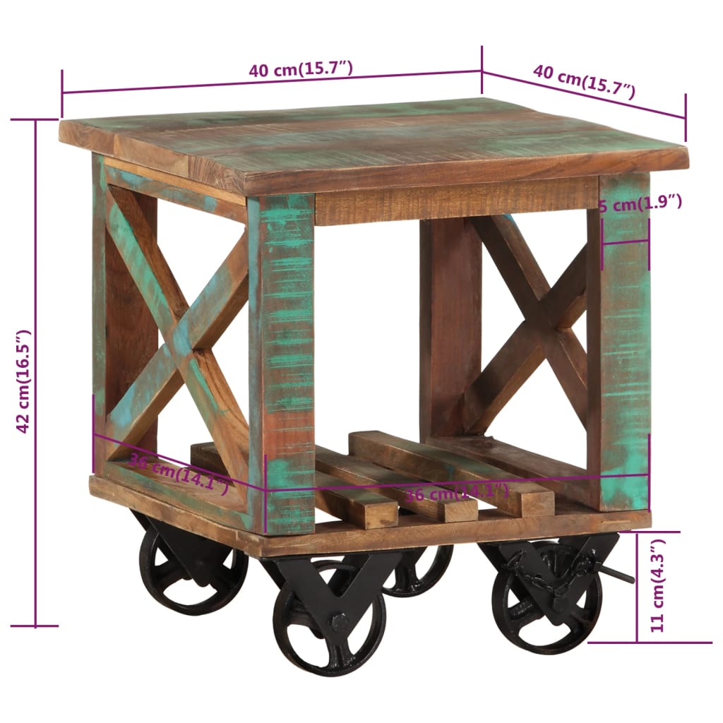 Sidobord Trä med hjul 40x40x42 cm massivt återvunnet trä