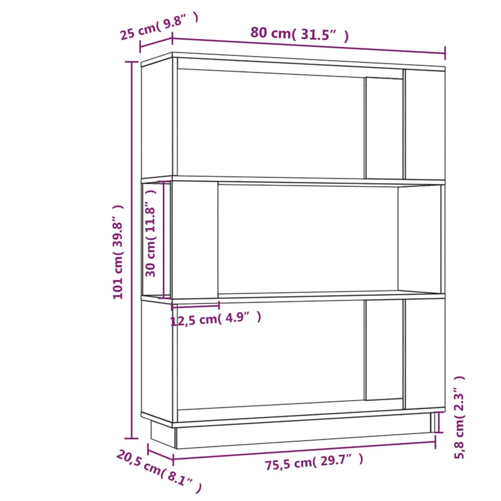 Kirjahylly musta 80x25x101 cm massiivimänty