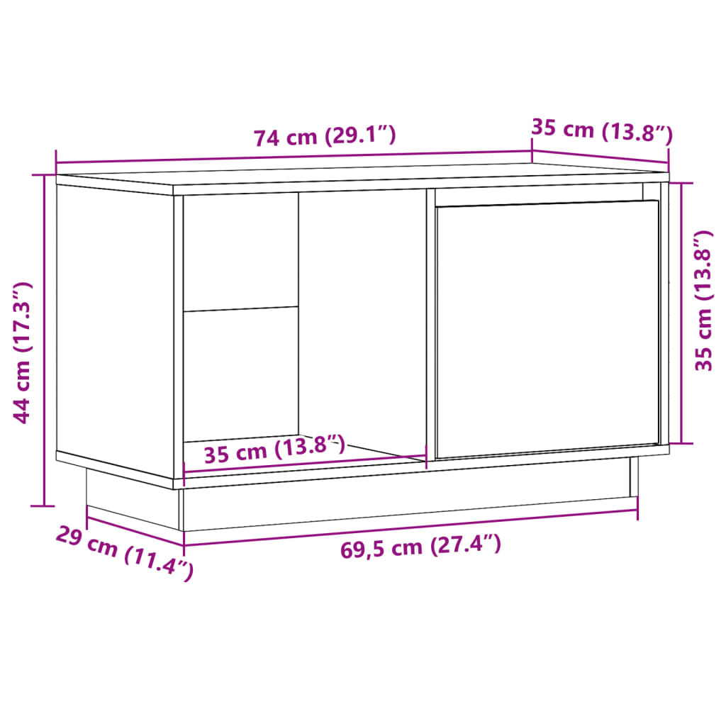 TV-möbel grå massiv trä furu TV-bänk 74x35x44 cm