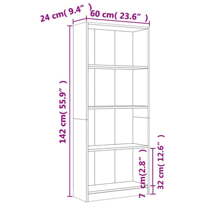 Kirjahylly ruskea tammi 4 hyllyä savunvärinen 60x24x142cm