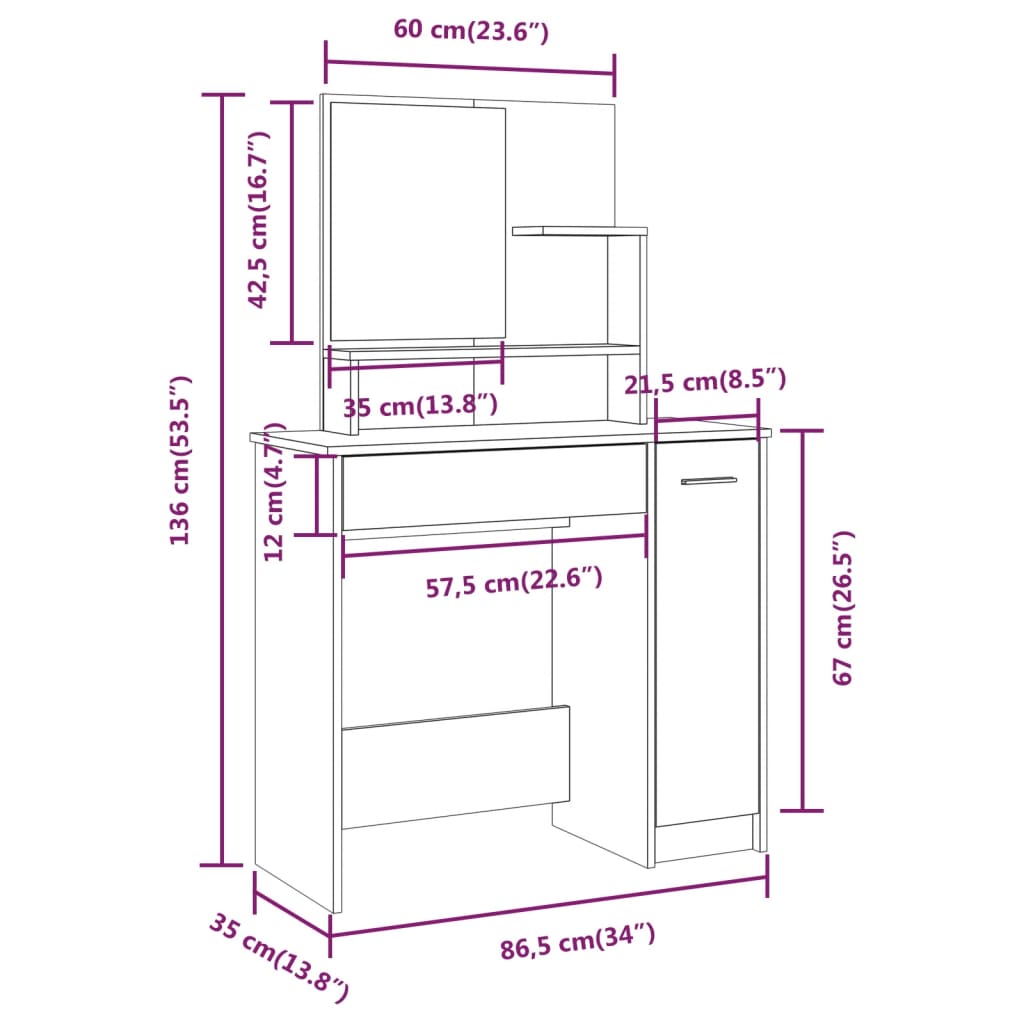 Sminkbord med spegel vit 86,5x35x136 cm