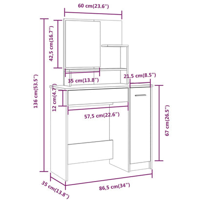 Sminkbord med spegel vit 86,5x35x136 cm