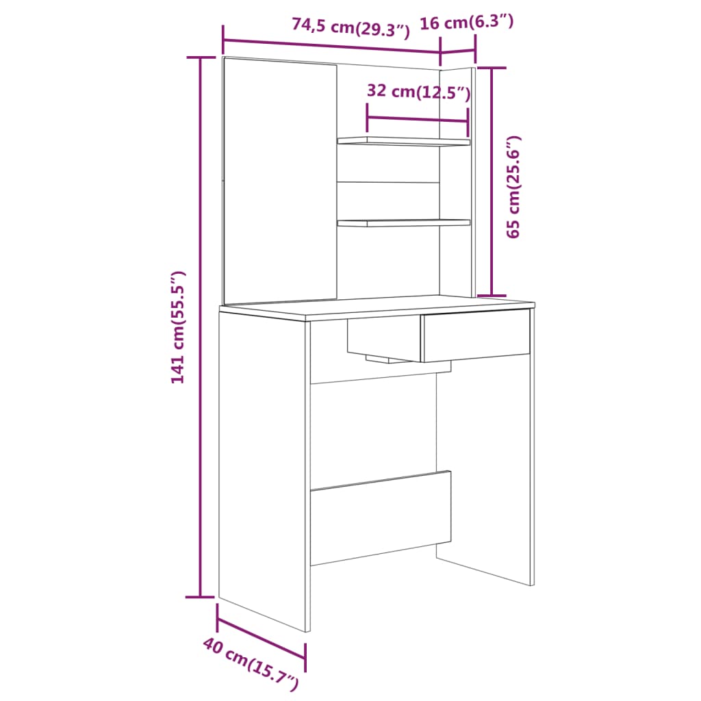 Sminkbord set sonoma-ek 74,5x40x141 cm