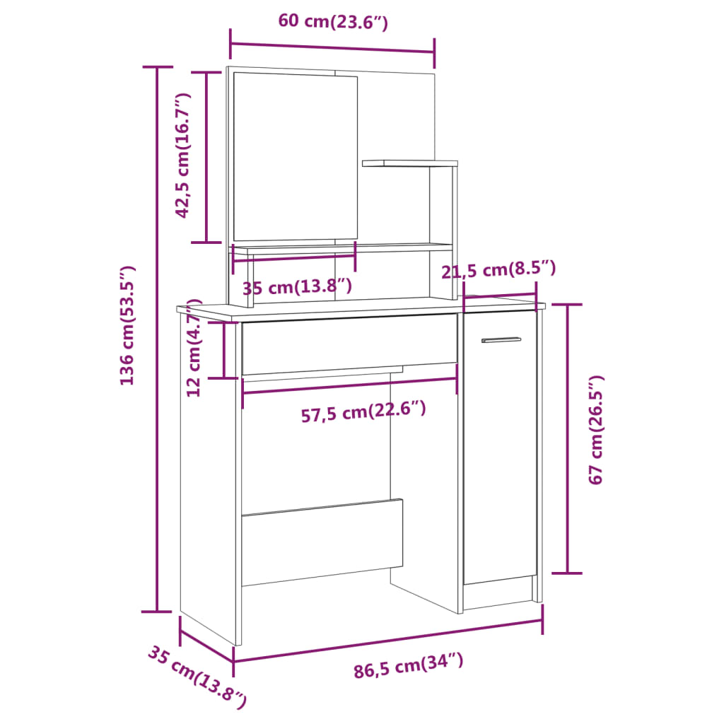 Sminkbord set sonoma-ek 86,5x35x136 cm