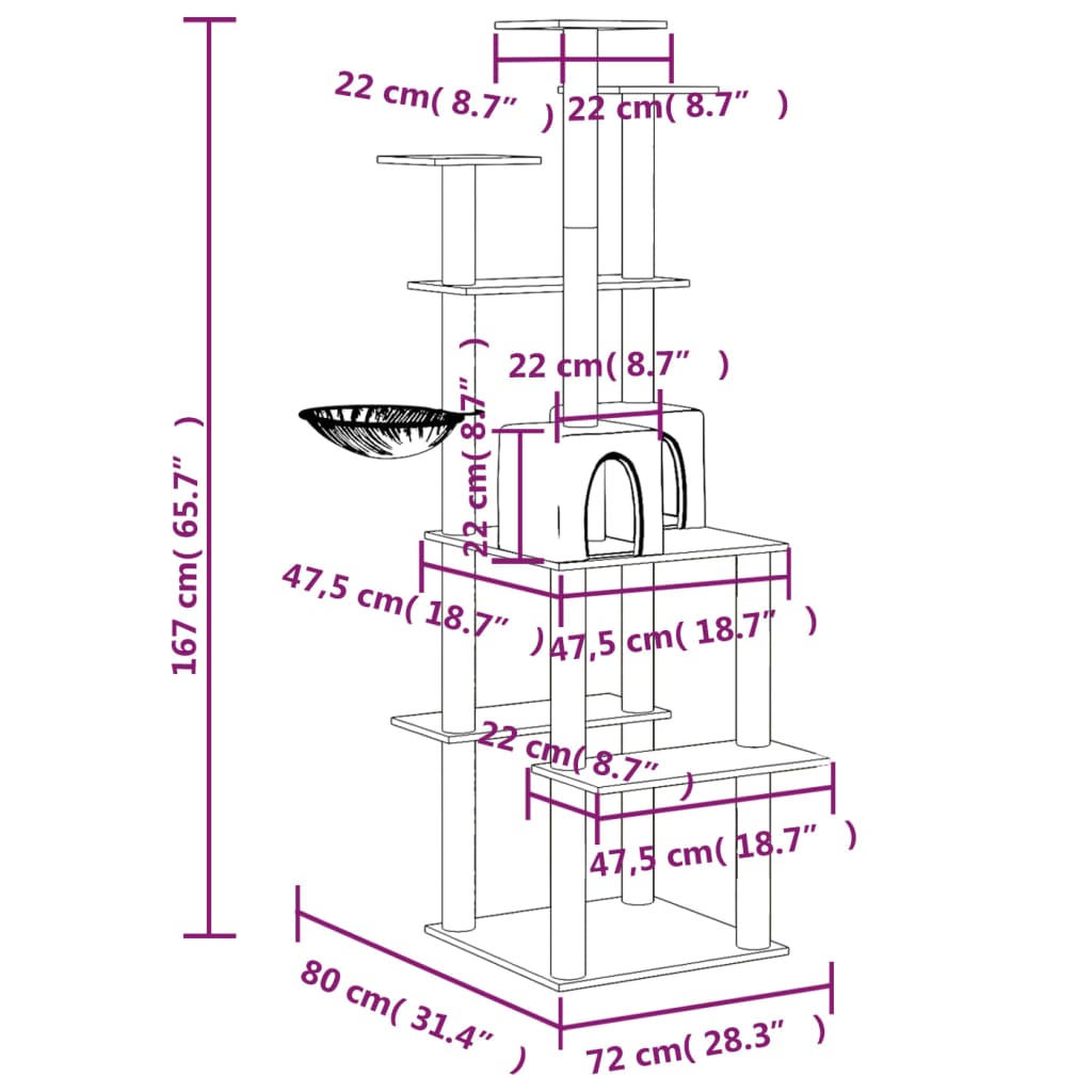 Kattmöbel ljusgrå Klösträd med sisalpelare 167 cm