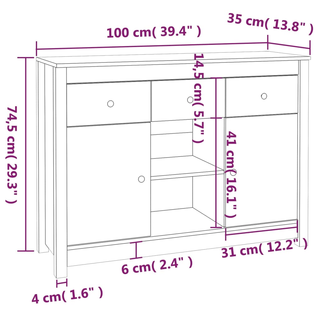 Skänk massiv trä furu 100x35x74,5 cm