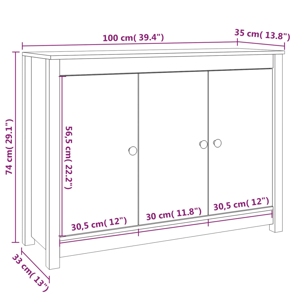 Skänk massiv trä furu 100x35x74 cm