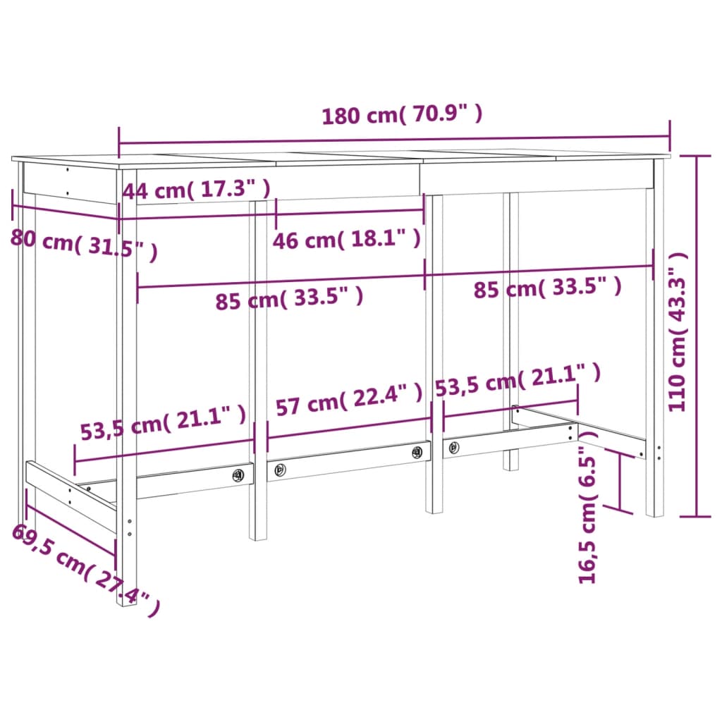 Barbord bistrobord natur massiv furu 180x80x110 cm