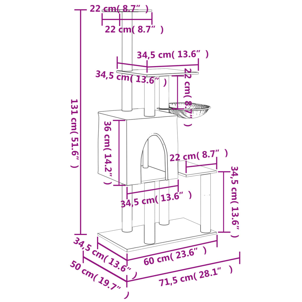 Kattmöbel mörkgrå Katträd med klöspelare i sisal 131 cm