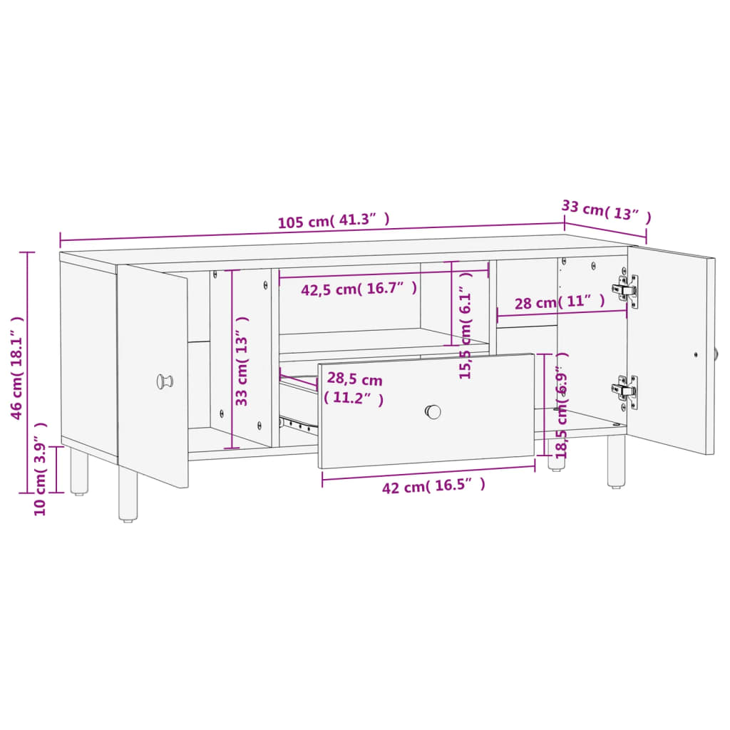 TV-möbel massiv trä mangoträ TV-bänk svart 105x33x46 cm