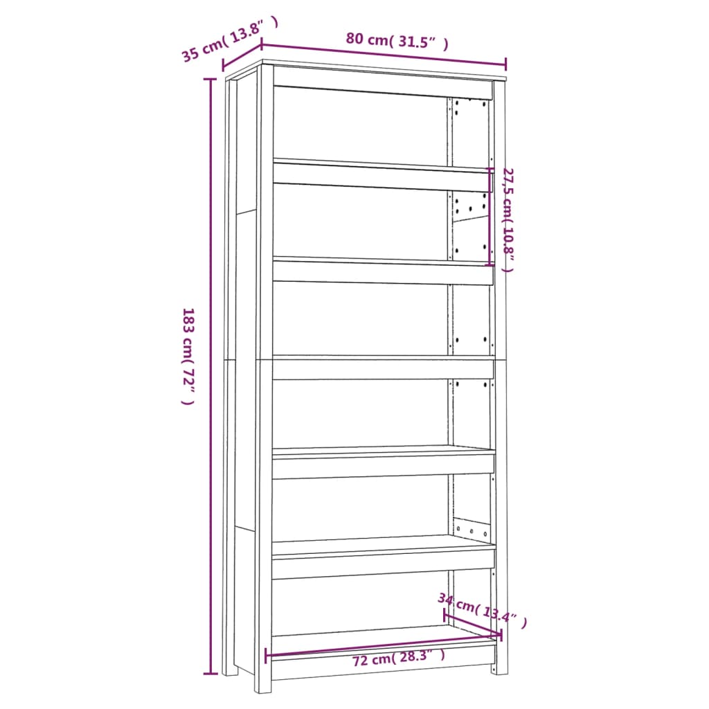 Bokhylla brun 80x35x183 cm massiv furu