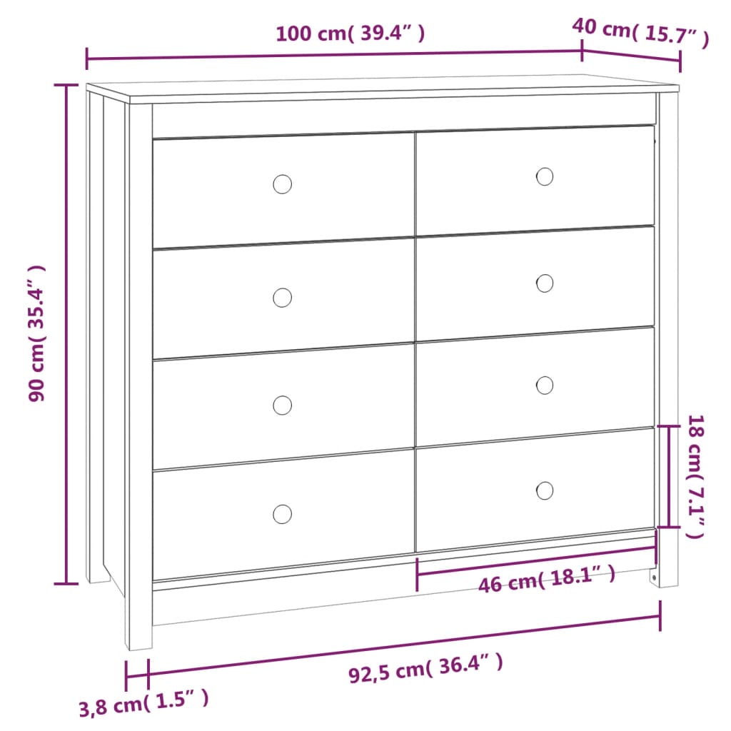 Sidoskåp 100x40x90 cm massiv furu