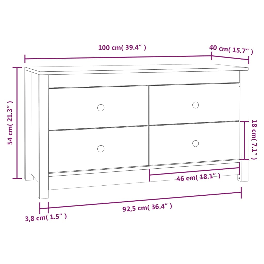 Sidoskåp vit 100x40x54 cm massiv furu