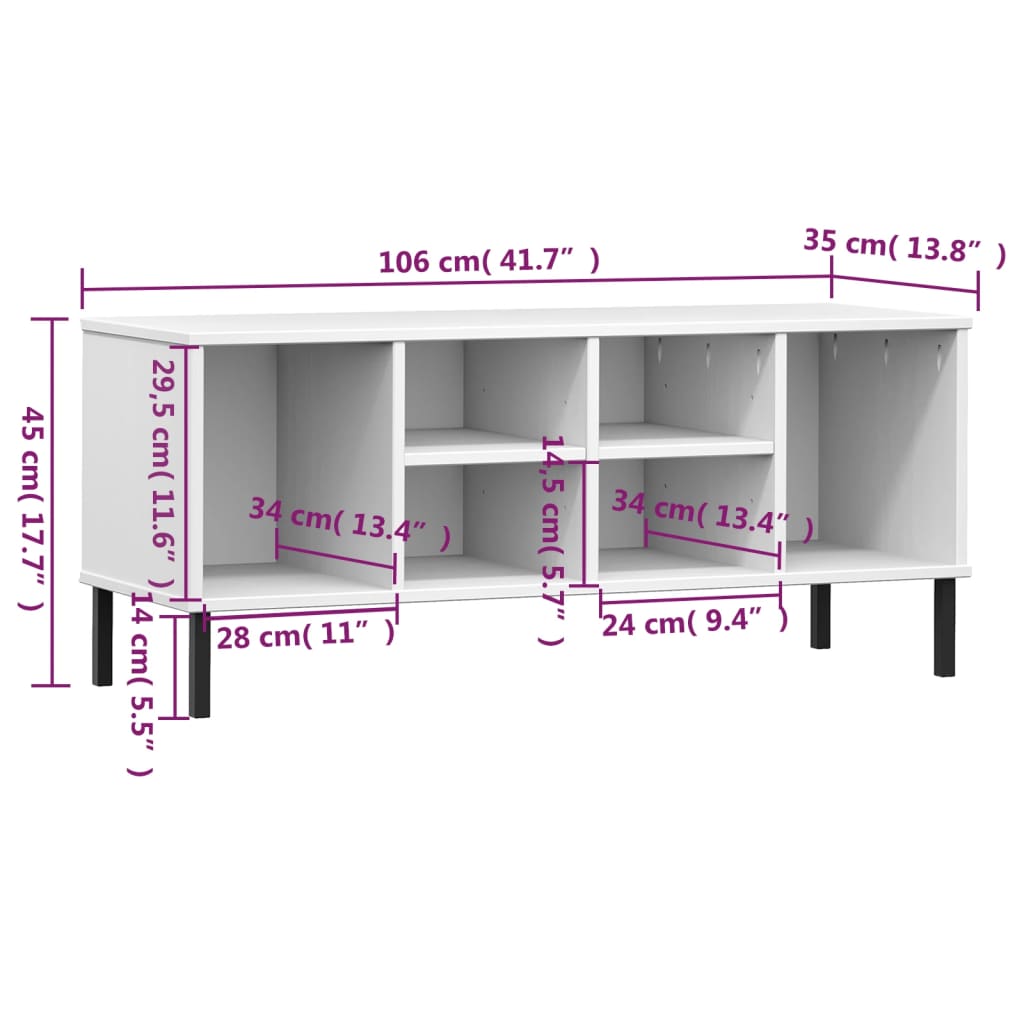 Kenkäteline Kenkäkaappi Kengänhylly valkoinen metallijaloilla huonekalusarja OSLO 106x35x45 cm massiivipuuta