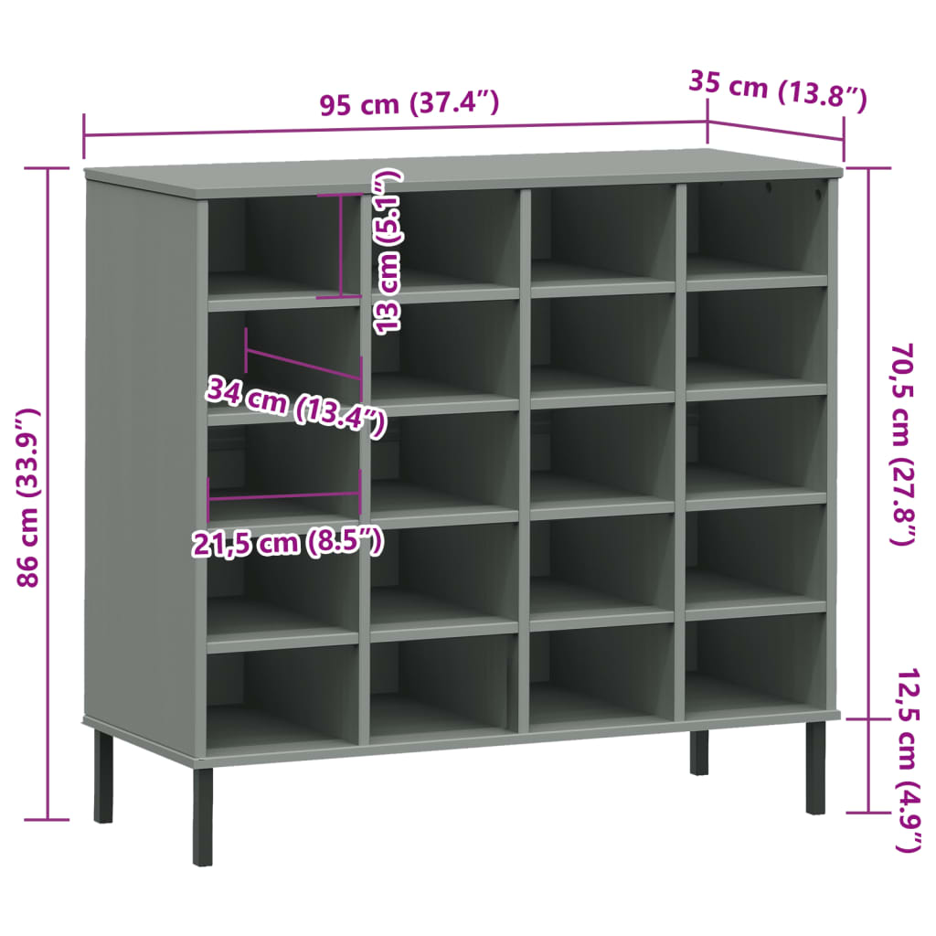 Kenkäteline Kenkäkaappi Kenkähylly harmaa metallijaloilla huonekalusarja OSLO 95x35x86 cm massiivipuuta