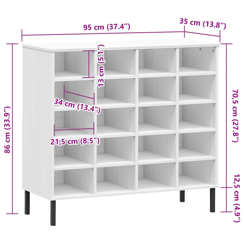 Kenkäteline Kenkäkaappi Kenkähylly valkoinen metallijaloilla huonekalusarja OSLO 95x35x86 cm massiivipuuta