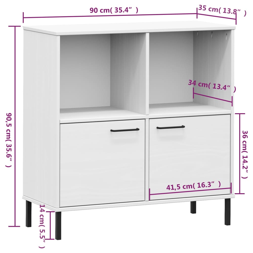 Kirjahylly valkoinen metallijaloilla huonekalusarja OSLO 90x35x90,5 cm massiivipuuta